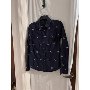 J Crew Dog Days Scottie Dog Navy Button Up Top Sz 4 Preppy Novelty Print Slim